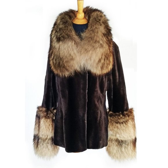 LUXURIOUS SHEARED MINK FUR COAT/JACKET BY GIULIANA TESO WITH RACCOON TRIM - Picture 4 of 11